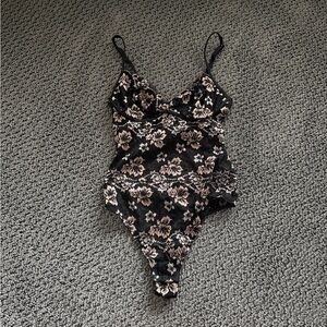 Cosabella Black Lace Bodysuit with Shinny Beige Floral Accents
